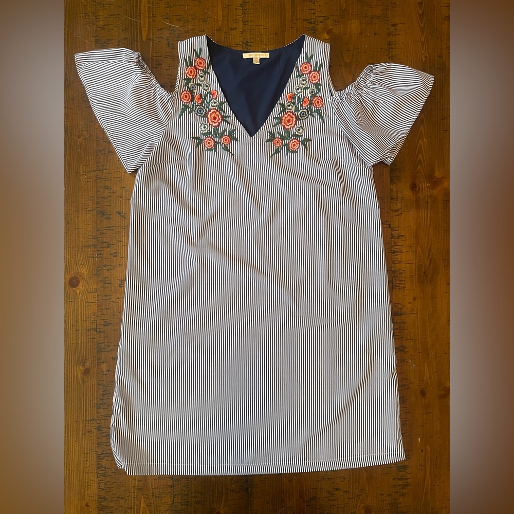 Striped Blue/White V-Neck Dress with Floral Embroidery/ Bare Shoulders